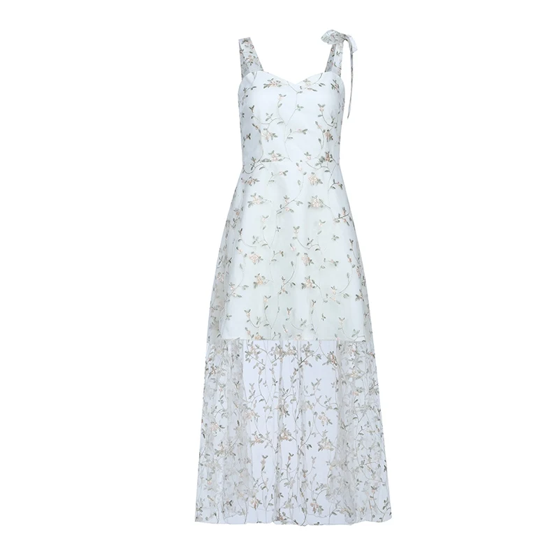 

Max Spri 2019 New Style Women Dress V Neck Floral Spaghetti Strap Sleeveless Lace Up A-line Summer White Office Lady Dress