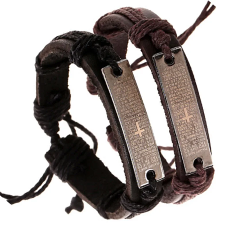 PUN персонализированный Кожаный Плетеный Шарм Крест Библейский браслет для