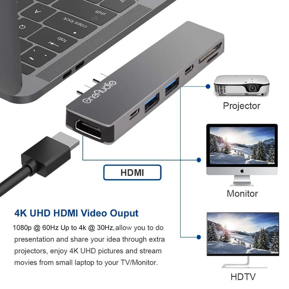 OneAudio USB C концентратор Thunderbolt 3 Type адаптер с 4K HDMI PD 2 0 Micro SD TF кардридер для Macbook Pro 13