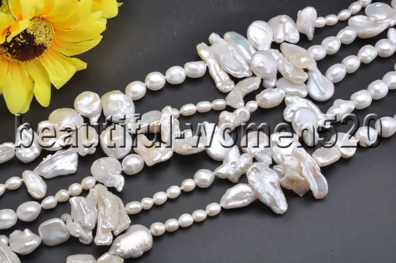 

Z7749 5Strands white baroque & coin & biwa & Ricefreshwater pearl necklace 19inch