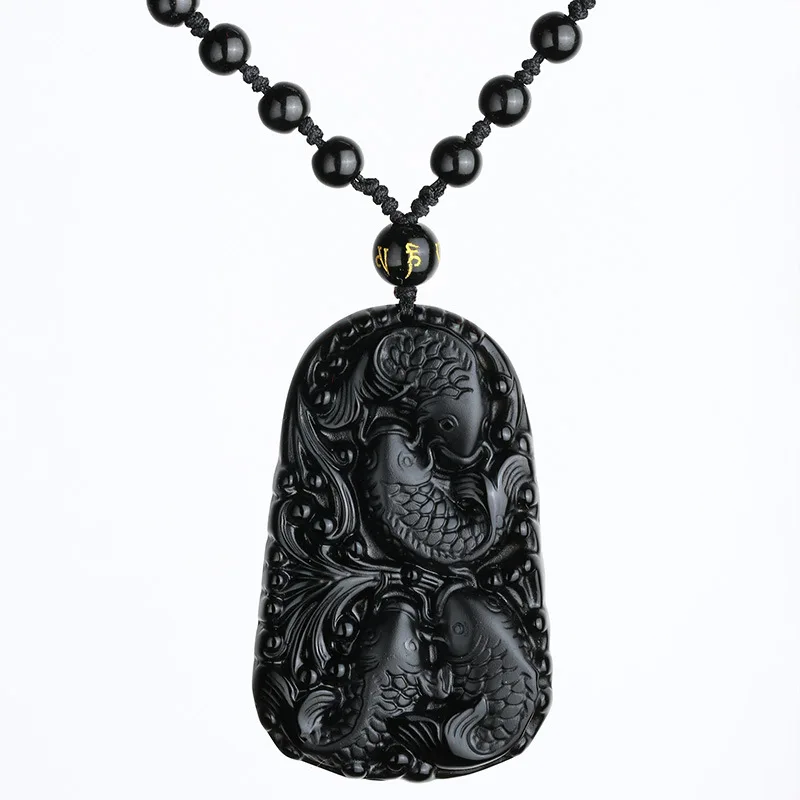 Замечательные китайские ручной работы натуральный черный обсидиан резные рыба