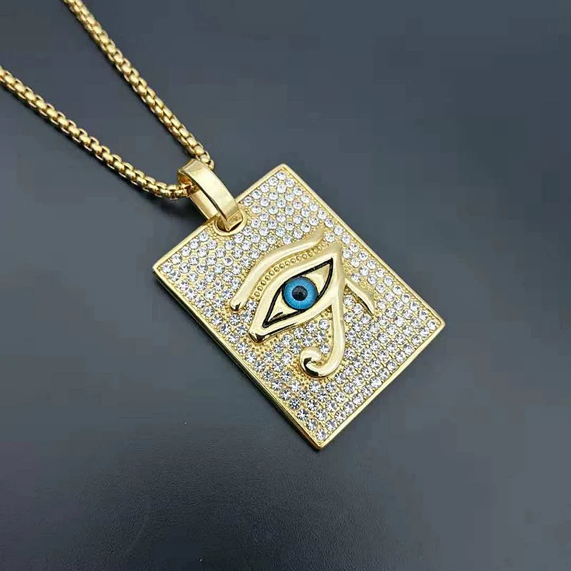 Hip Hop Rock Full Rhinestone Bling Ice Out Gold Color Stainless Steel Horus Eyes Square Pendant Necklace for Men Rapper Jewelry | Украшения