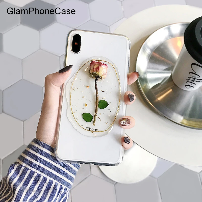 GlamPhoneCase Dried Flower Rose Phone Case for iPhone XS Max XR X 8plus 8 7plus 7 6S/6 Plus Transparent Soft TPU Back Cover |