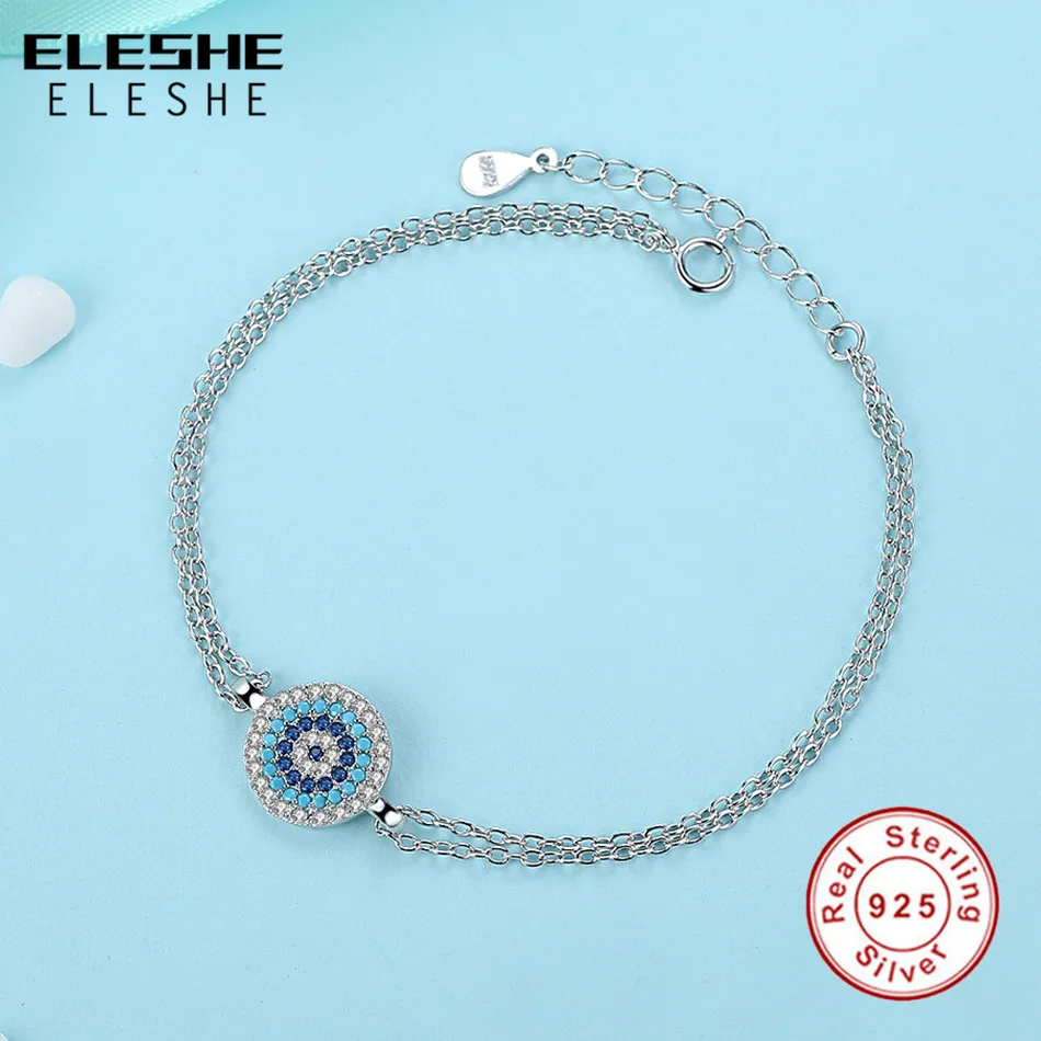 ELESHE Lucky 925 Sterling Silver Round Blue Eyes Power Tennis Bracelet CZ Adjustable Link Chain Bracelets Jewelry | Украшения и