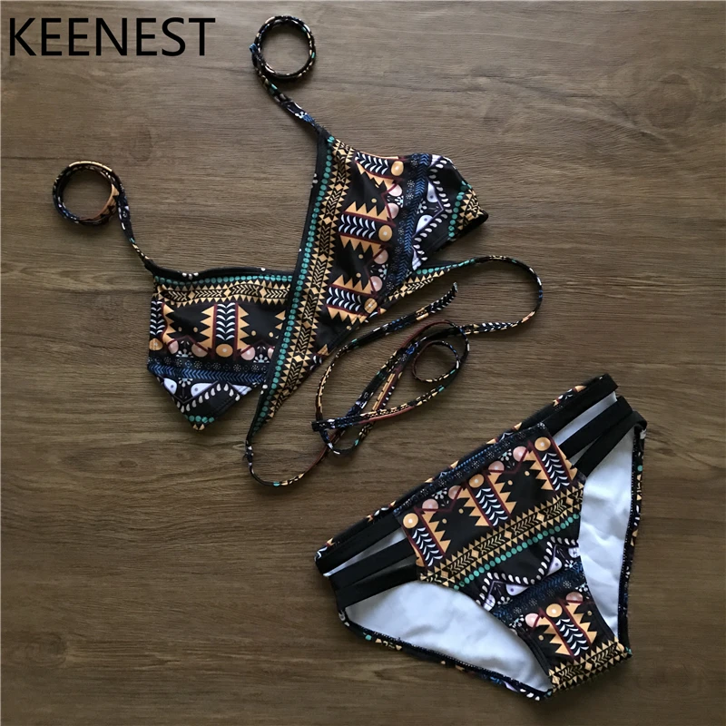 KEENEST сексуальный комплект бикини в стиле ретро с принтом крест-накрест женский