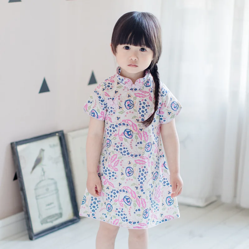Лучше всего лета детская одежда оптом костюм хлопок печати cheongsam платье 20978