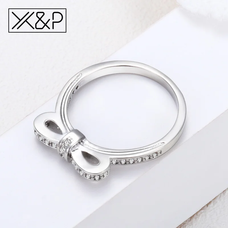 X & P модное милое корейское кольцо с бантиком украшенное серебряными кристаллами