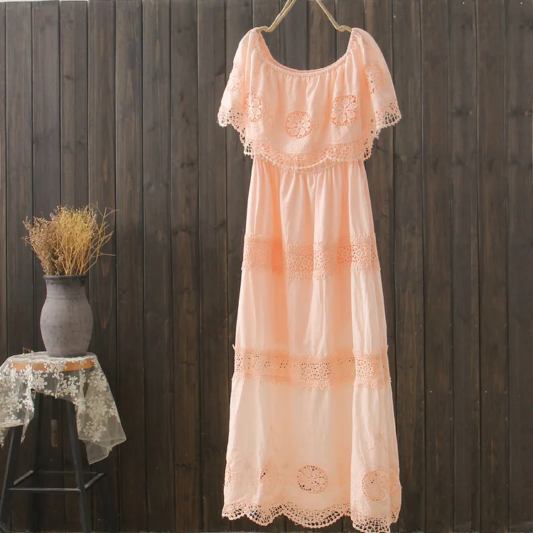 summer fairy Four-color-sweet lace slash neck hollow out patchwork cotton full dress S26882 | Женская одежда
