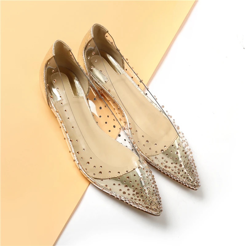 Buono Scarpe/блестящие Прозрачные Свадебные туфли на плоской подошве с острым носком; Роскошные женские туфли со стразами; летние туфли на плоской подошве со стразами