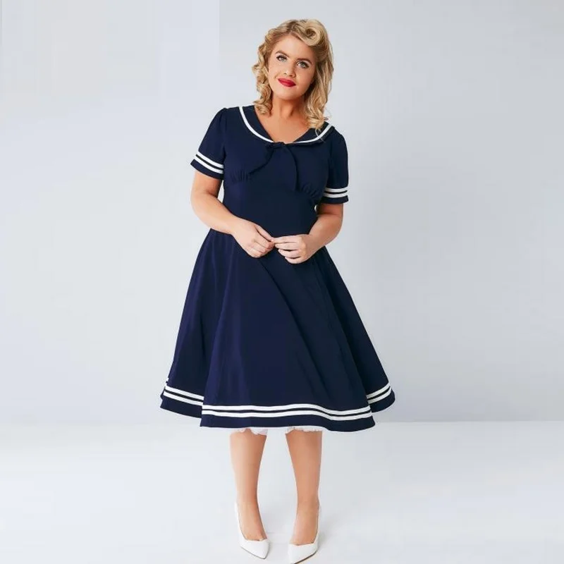 Plus size women 2017 summer new dress womens fashion simple solid color casual school wind navy blue A line dresses ZD2090 | Женская
