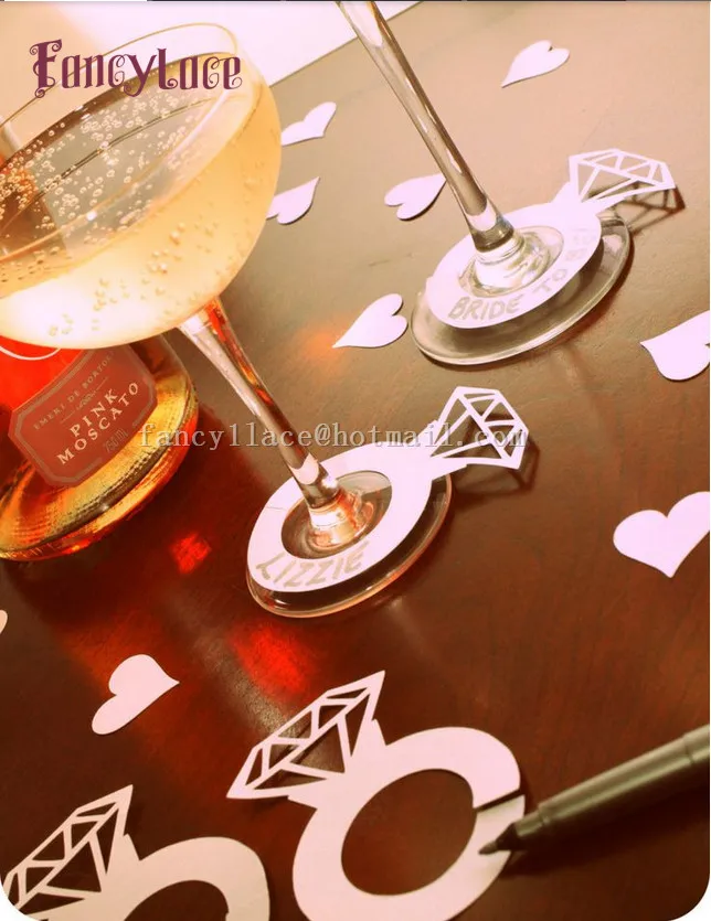 

Laser Cut Paper Diamond Ring Wine Claim Cup Card Purple Wine Glass Cards Wedding Table Decorations 20 colors Can Be Chose 50pcs