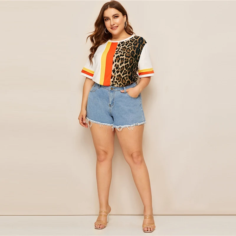 SHEIN, Женский Топ в полоску с леопардовым принтом размера плюс, лето, разноцветная Повседневная футболка с круглым вырезом, уличная футболка