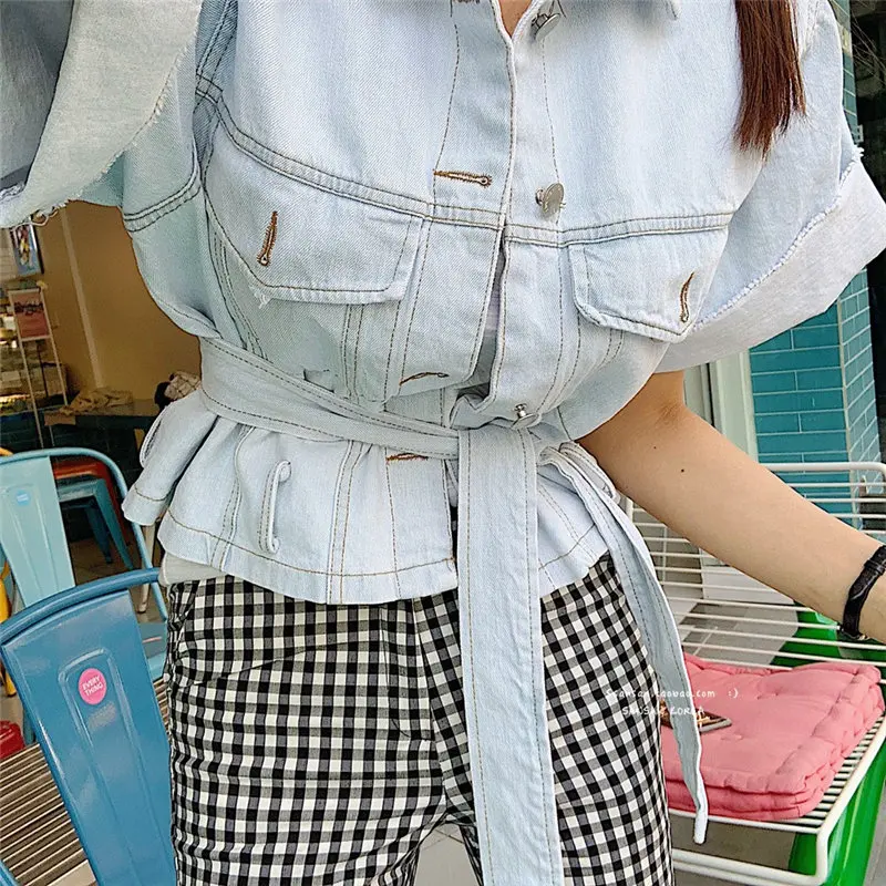 

HziriP New Vintage Summer Jeans Jackets 2019 Sashes Lace Up Loose Casual Fashion Female Denim Short Sleeves Outerwear Coat
