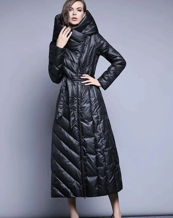 black XS-7XL, плюс размер, 90% утиный пух, пальто, модный бренд, с капюшоном, длинный пуховик, для женщин, выше колена, тонкое, толстое, теплое пальто, wj1304 - Цвет: black