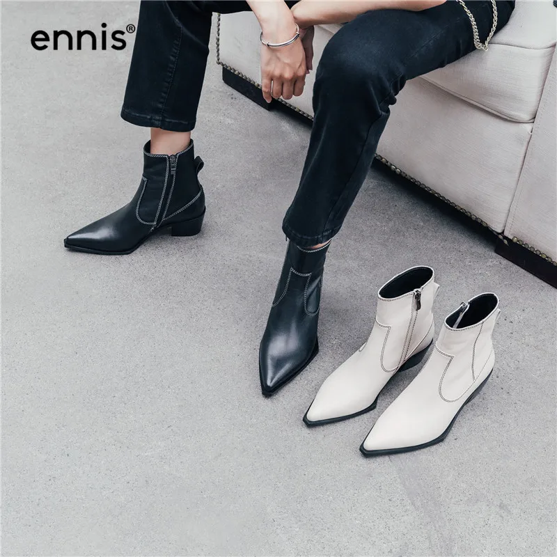 ENNIS/ г.; дизайнерские черно-белые ботинки «Челси»; женские ботильоны из натуральной кожи; женские ботинки с острым носком; обувь на молнии; Новинка; A9101