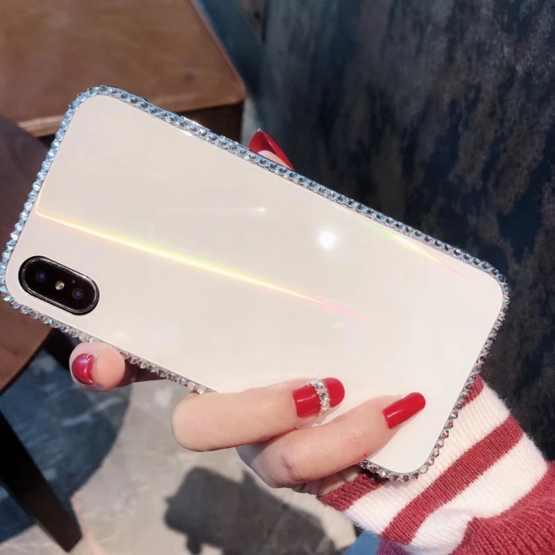 Цветной лазерный чехол Aurora для iPhone X 8 7 Plus 6 6s с бриллиантовым украшением
