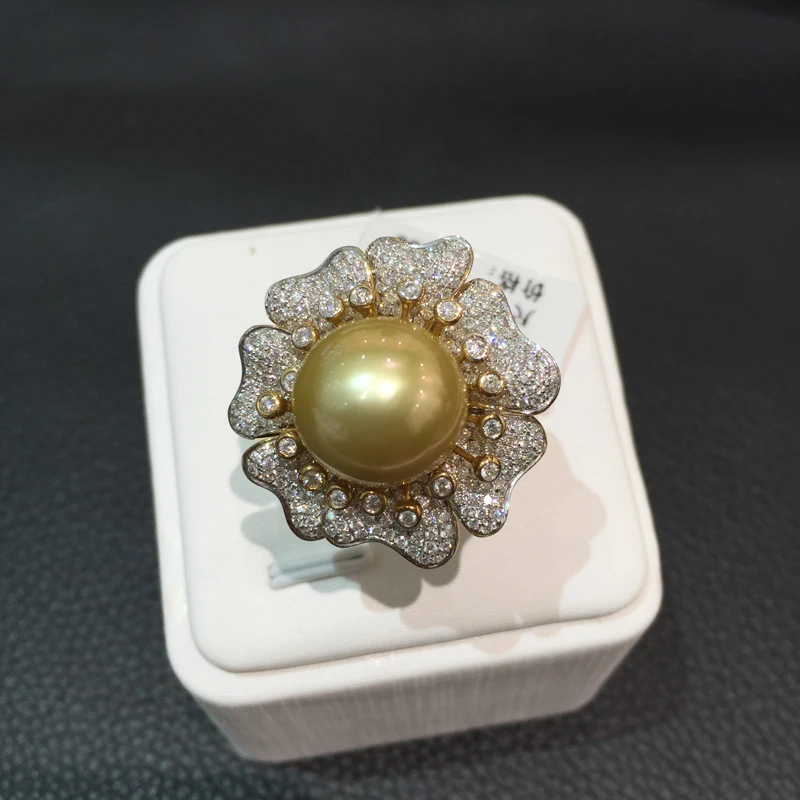 12.5-13MM natural gold pearl ring 18K with diamond flower big southsea jewelry cocktail free shipping | Украшения и аксессуары