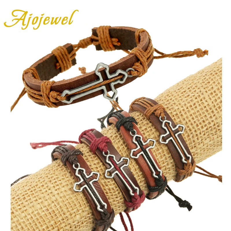Мужские кожаные браслеты ручной работы классические модные Парные с крестом