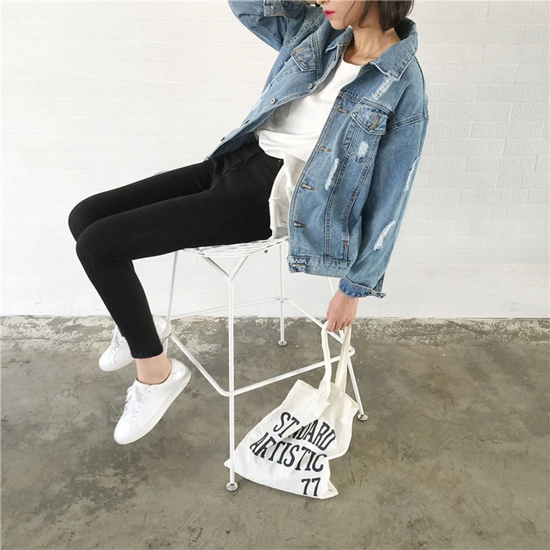 

Fashion Hole Denim Jackets Women Vintage Loose Jeans Jacket Ladies Autumn Winter Bomber Jacket Casual Denim Coats Plus Size 3XL