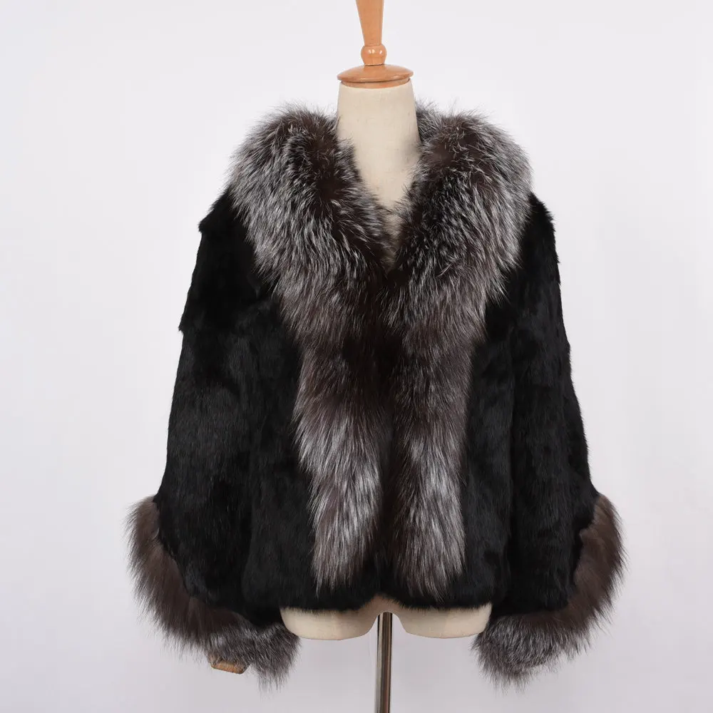 Silver Fox Женская меховая куртка модное пальто из натурального кроличьего меха с воротником из меха серебристой Лисы Зимняя Толстая теплая меховая верхняя одежда высокого качества S7354 - Цвет: Silver Fox