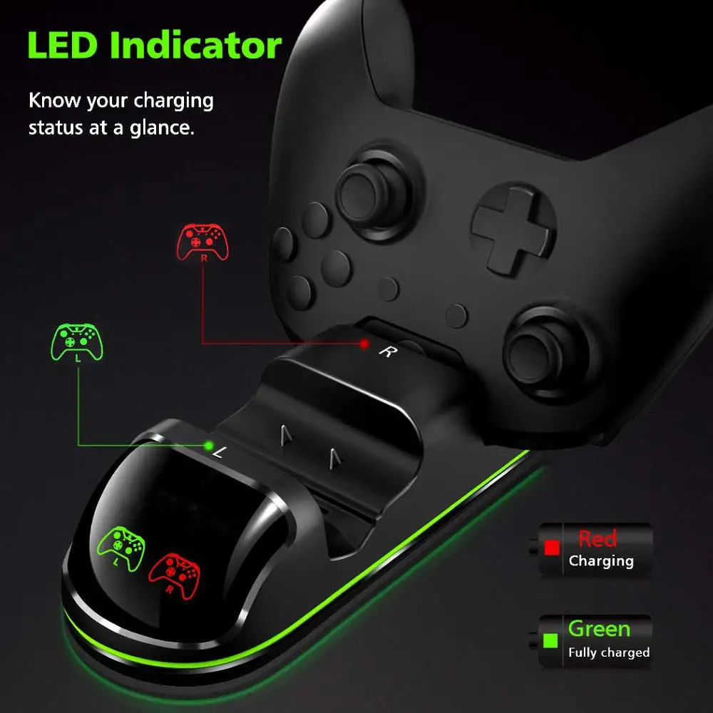 DOBE Зарядное устройство для контроллера, совместимое с Xbox One/S/X/Elite Dual Dock Station с 2x600 мАч аккумуляторами IV-X1876.