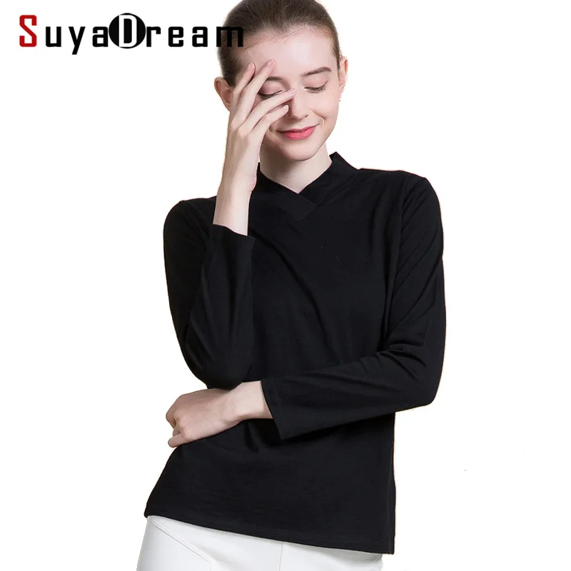 Женская рубашка из 100% шерсти черная с длинным рукавом и треугольным вырезом