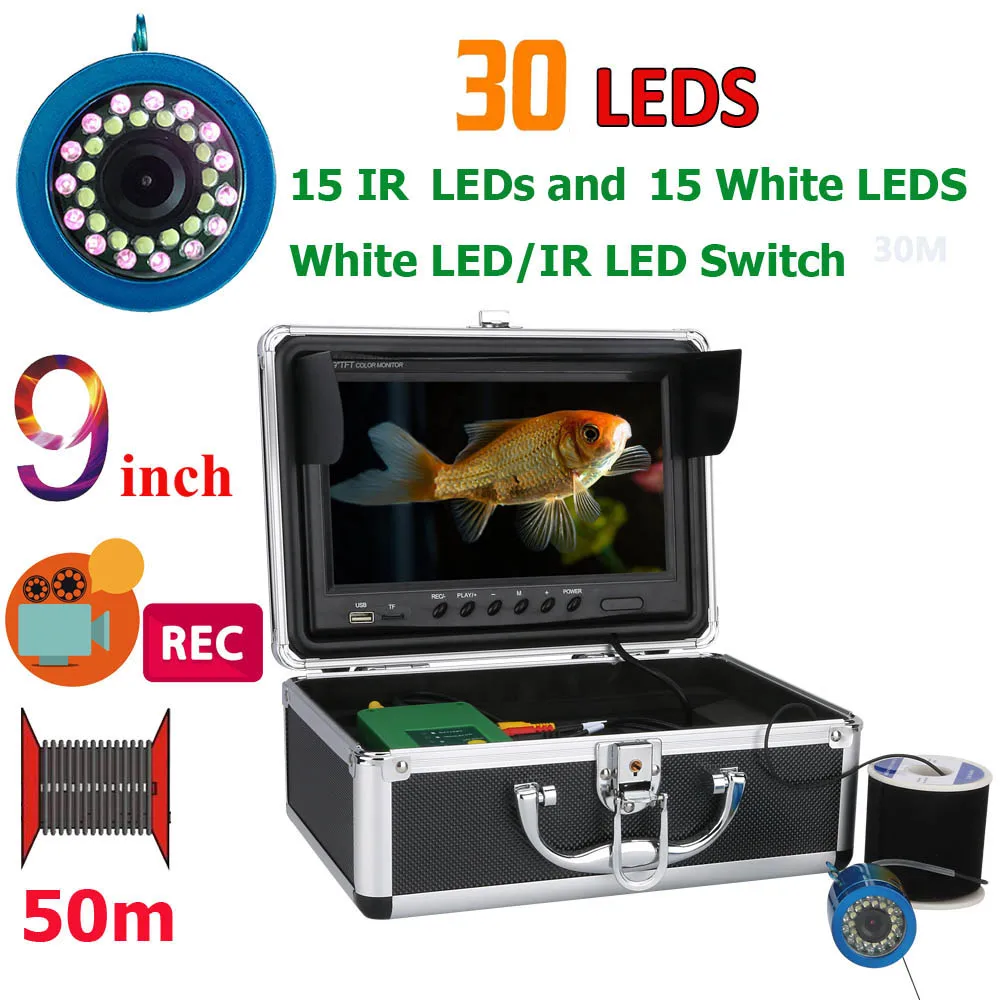

9" Inch DVR Recorder 50M 1000TVL Fish Finder Underwater Fishing Camera 15pcs White LEDs + 15pcs Infrared Lamp For Ice/Sea/River