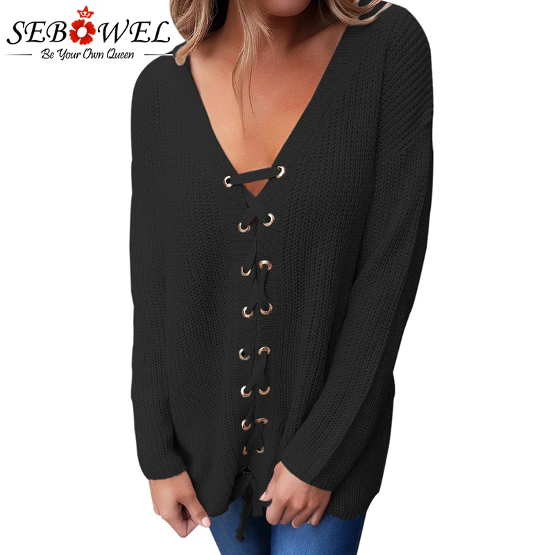Фото SEBOWEL 2020 Sexy Lace up Oversized Sweater Women Autumn Gray Long Sleeve Deep V Front Female Knitted Pullovers Женская одежда SEBOWEL 2020 Sexy Lace up Oversized Sweater Women Autumn Gray Long Sleeve Deep V Front Female Knitted Pullovers Женская одежда