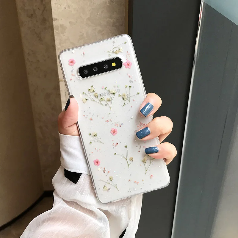 Pink YHBBCASES природа сушеные цветы ручной работы чехол для телефона samsung Galaxy S9 S10 Plus Note 10 Pro сухие блестки Прозрачный цветочный чехол - Цвет: Pink