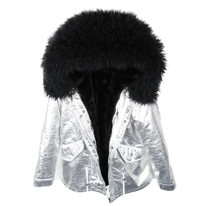 silver black Parka Real Fur Coat Winter Jacket Women Real Mongolia Sheep Fur Parkas Thick Warm Luxury Detachable Outerwear Streetwear - Цвет: silver black