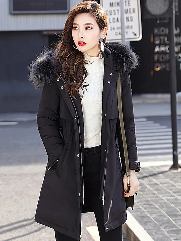 

Large Size Fur Collar Cotton Embroidered Jacket Large Size Women 2018 Winter Fashion Long Waist Cotton Jacket Long Sleeve Women