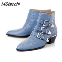 luxury brand women ankle boots gold silver rivet studded flower genuine leather shoes pointed toe low heel ladies boots mujer