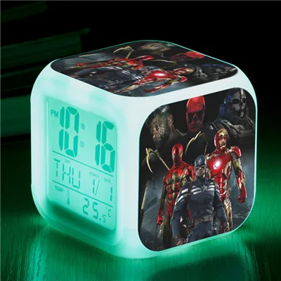 Marvel Мстители Человек-паук изменение цвета светодиодный Будильник фигурка Капитан Америка Железный человек цифровой Куб декор Освещение игрушки