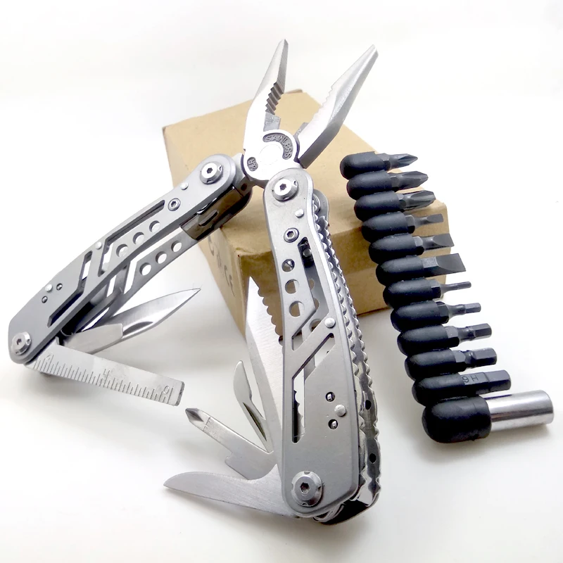 

360g Silver Multitools Folding Plier EDC Scissors Camping Multi Tools Plier Screwdriver Bits Multifunctional Tool Knife Survival