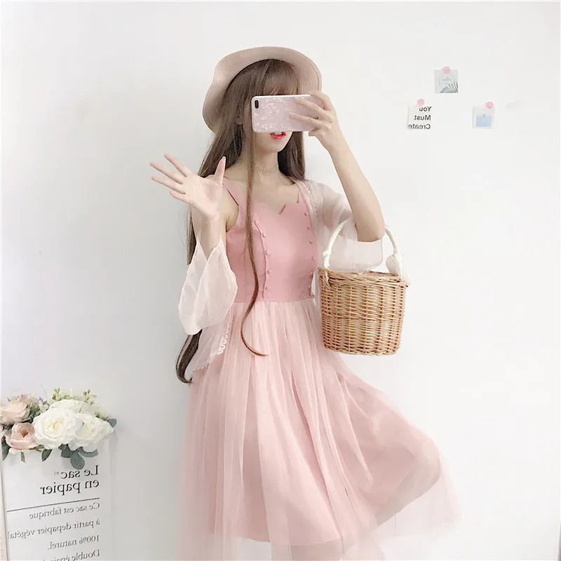 Summer new women's Korean version of the fresh sweet loose mesh stitching high waist was thin Dress | Женская одежда
