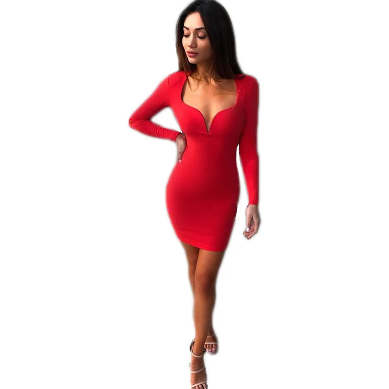Женское платье с длинным рукавом Осеннее облегающее мини глубоким треугольным