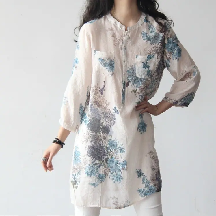 Blue floral Для женщин топы и блузка женская больших размеров летний топ длинные рукава v-образным вырезом Для женщин рубашка женская с цветочным принтом винтажная блузки женские женщин одежда - Цвет: Blue floral
