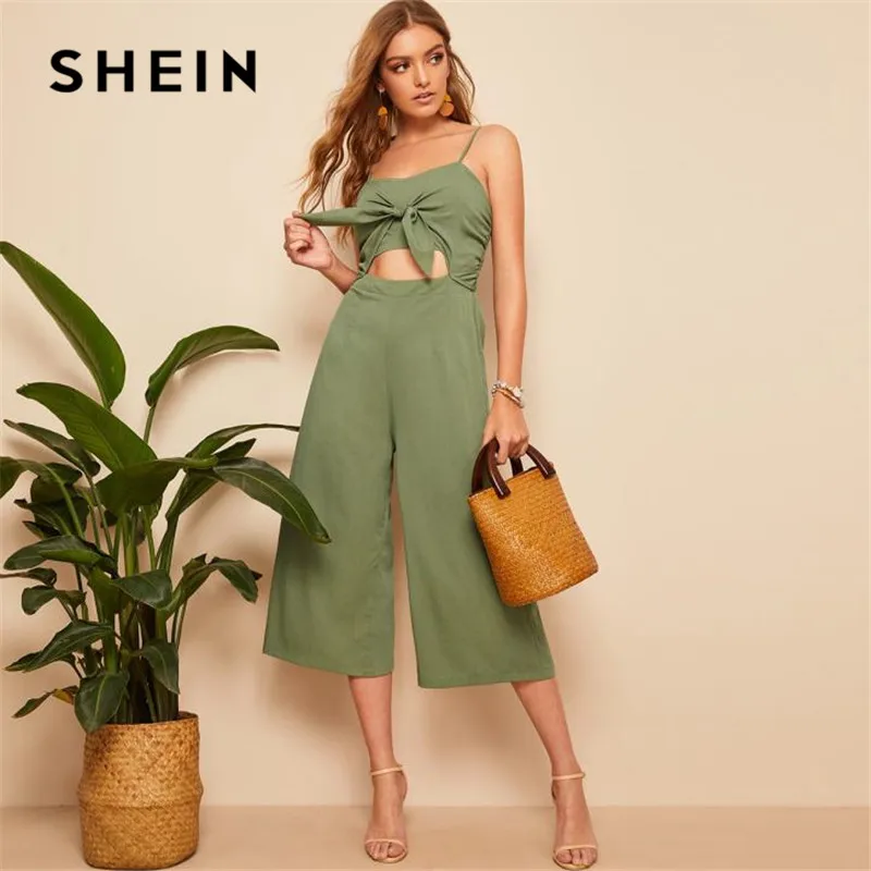 SHEIN Однотонный Комбинезон На Бретелях С Узлом Женский Стильный Комбинезон С Высокой Талией