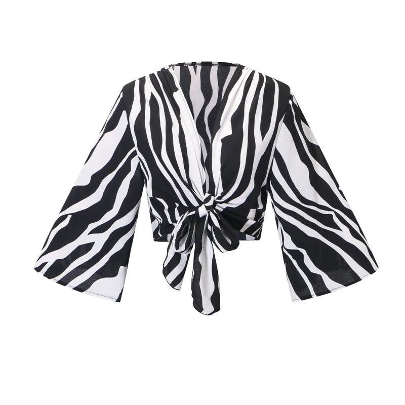 

Women striped blouses summer clothes Deep V flared sleeve fashion ladies bandage bowknot Shirt Blouse For Female holiday Tops