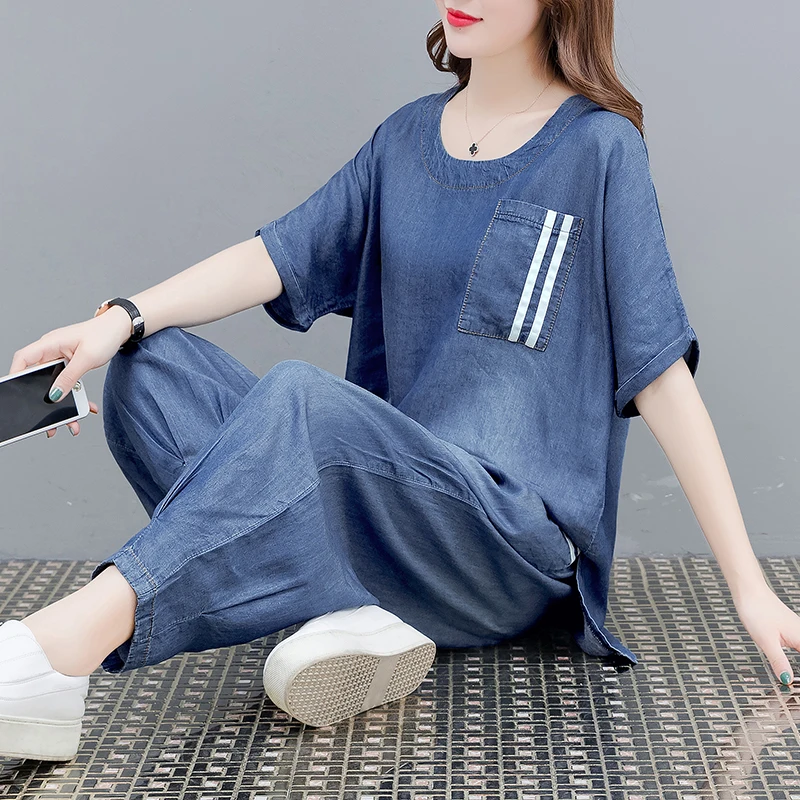 Спортивный костюм для женщин плюс размер лето 2019 новая мода свободный джинсовый