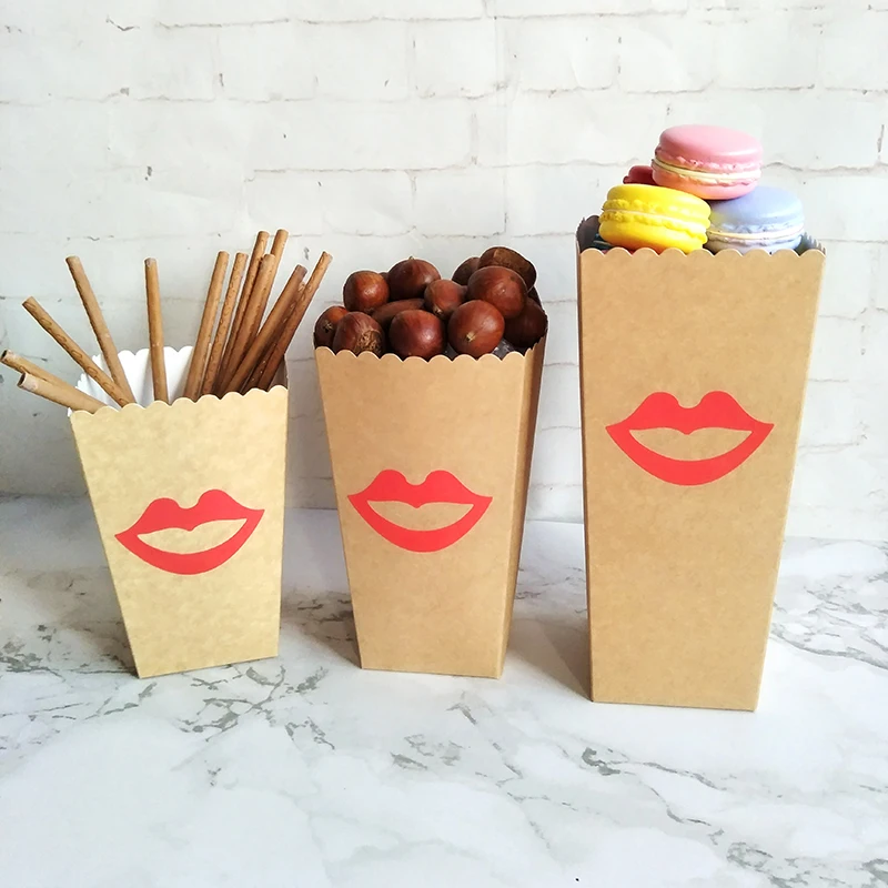 

12pcs Kraft Paper Popcorn Box Mustache & Lip Sticker Movie Wedding Birthday Party Boy Girl Favor Candy Snack Treat Box