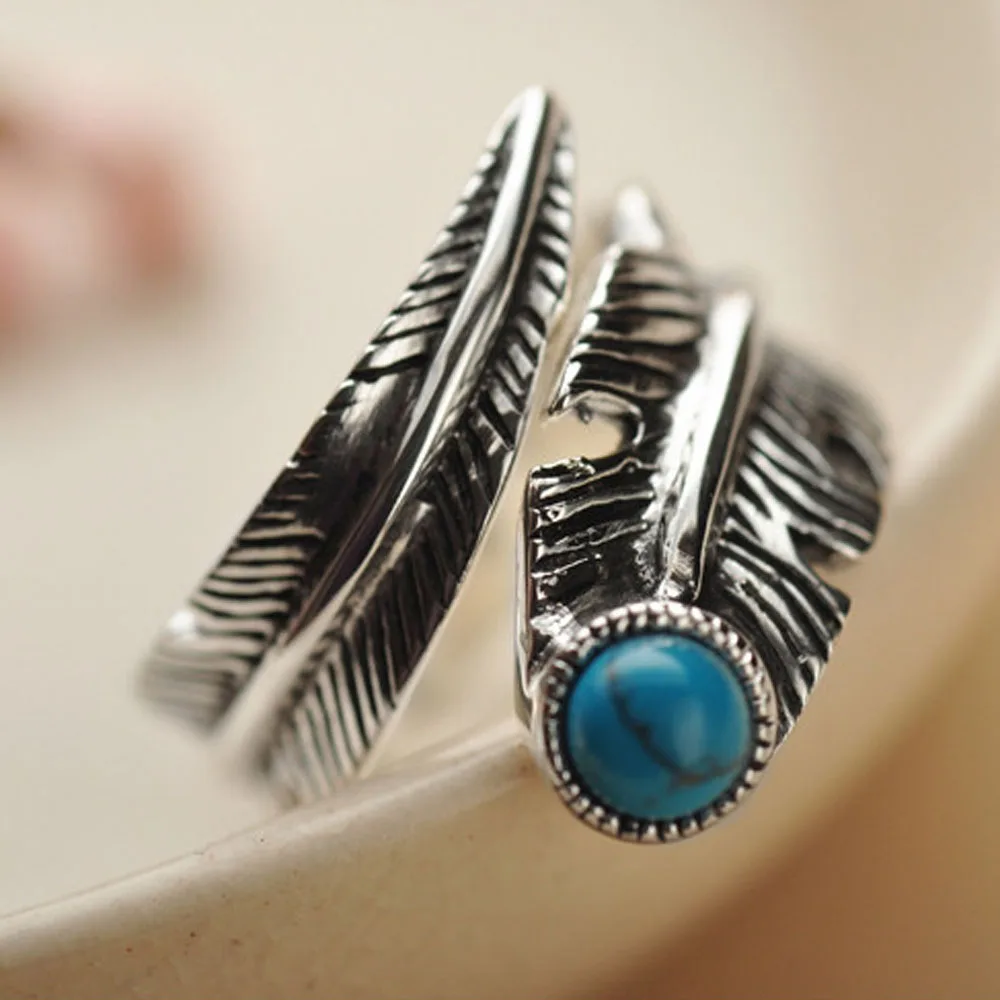 

Jade Angel Turquoise Adjustable Tribal Feather Ring 925 Sterling Silver Band Ring Men and Women Jewelry Thanksgiving Gifts