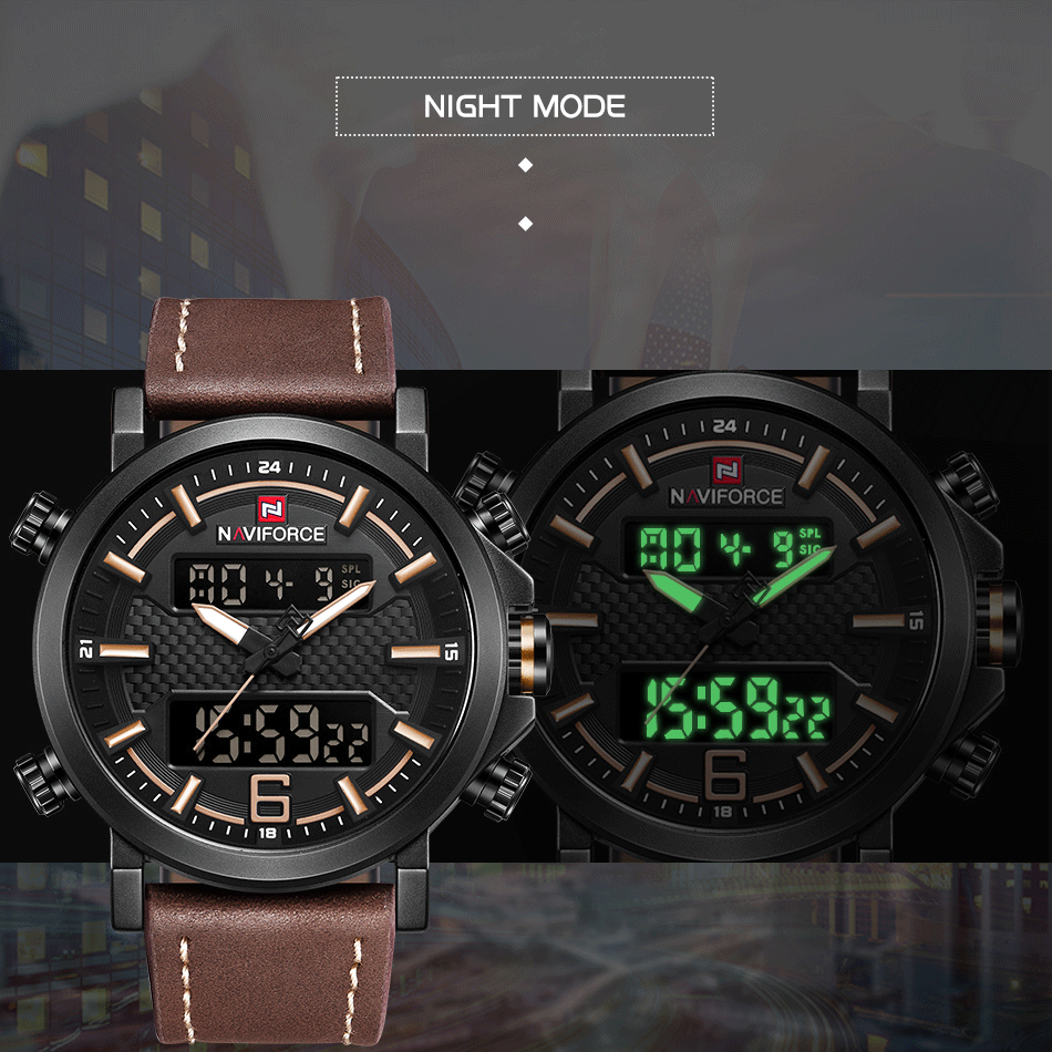 NAVIFORCE Новые мужские модные спортивные часы, мужские кожаные водонепроницаемые кварцевые часы, мужские Аналоговые часы с датой, светодиодный