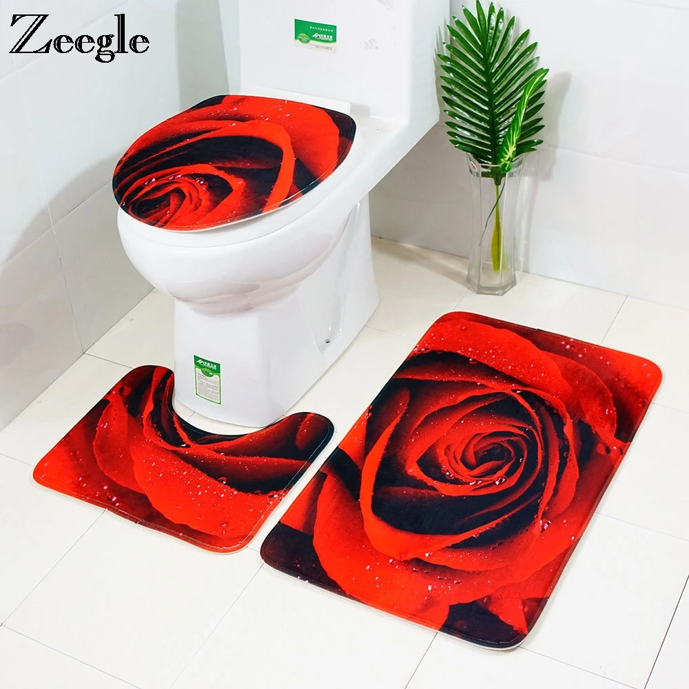 

Zeegle 3pcs Toilet Mat Rose Printed Bath Mats Bathroom Carpet Set Absorbent Toilet Lid Cover Bath Rugs Anti-slip Bathroom Mat