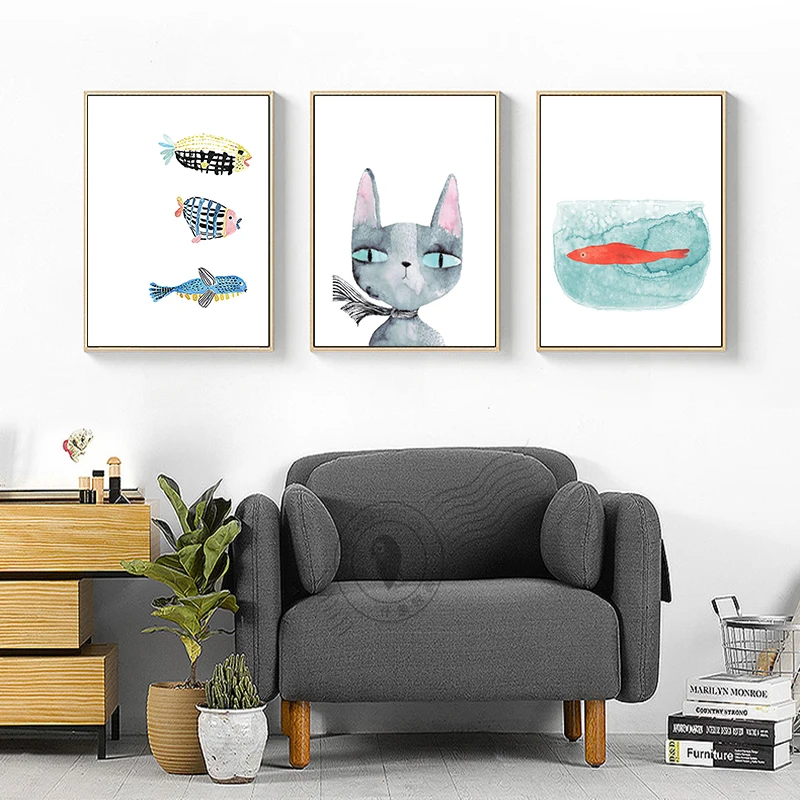 

Creative Cute Cartoon Watercolor Cat Fish Print Posters Art Canvas Painting Home Decor Chic Wall Picture Living Room Cafe Shop