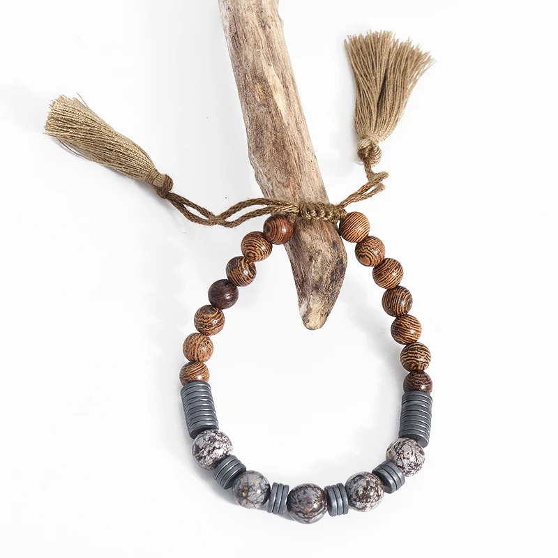 Vintage Natural Stone Bracelets For Women Brown Cottons Tassels Texture Wooden Beads Charm Adjustable Jewelry 2017 New | Украшения и