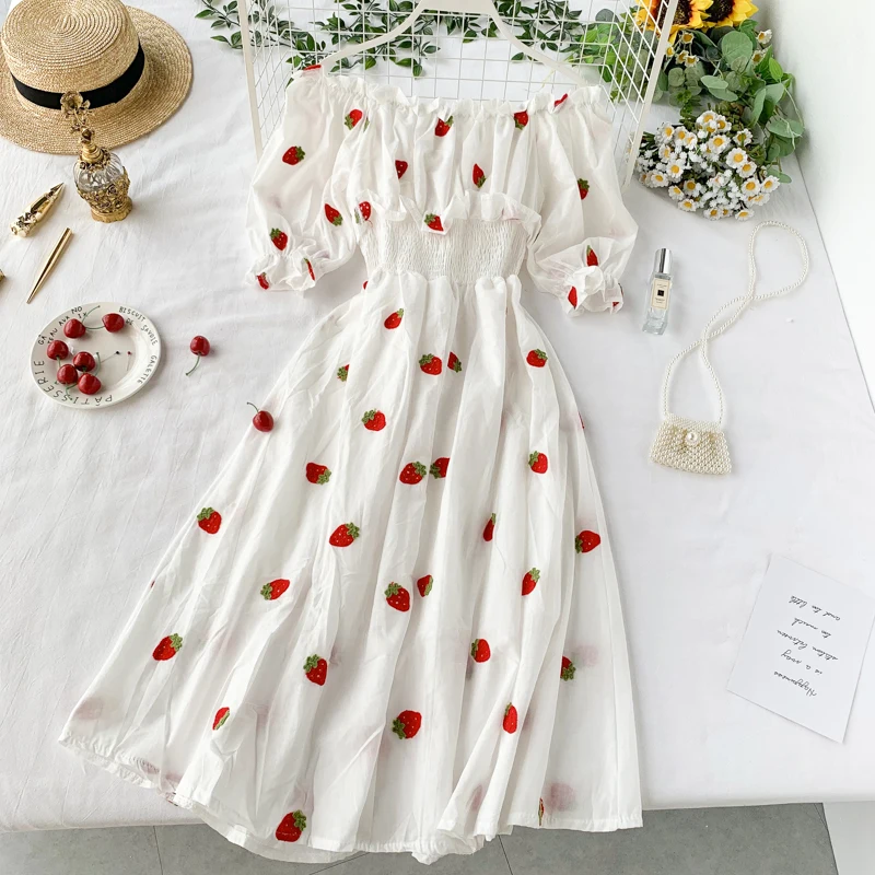 2019 новые модные женские платья без бретелек плечи платье с вышивкой клубники