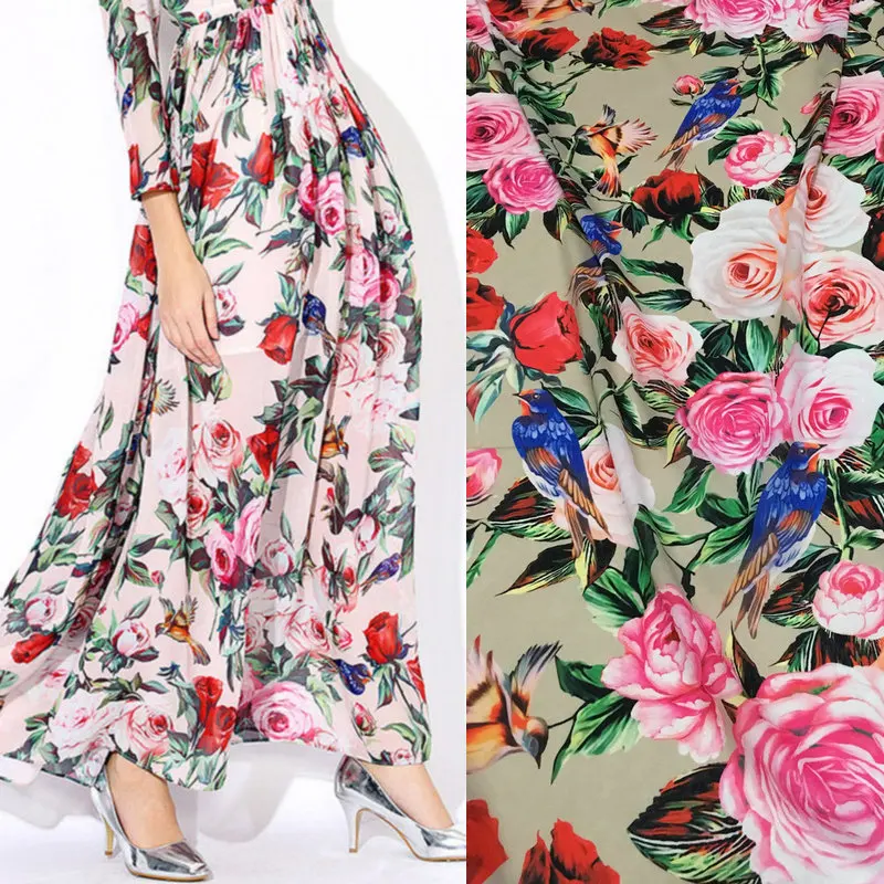 Шелковая шифоновая ткань с цветочным принтом и птицами тонкая мягкая для платья