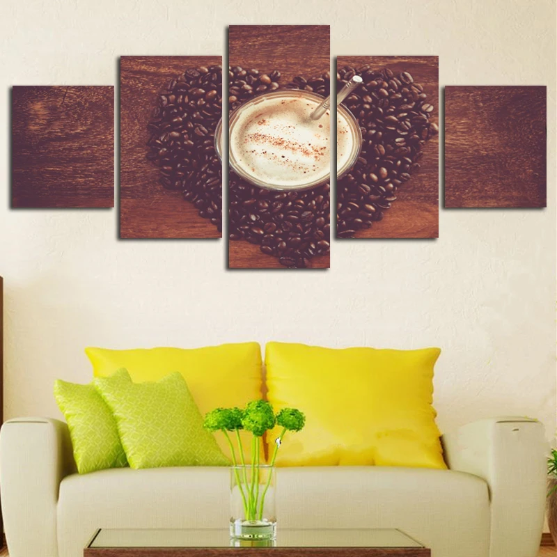 Canvas Art Wall Modern Artwork Popular Pictures For Living Room Framework 5 Panel Coffee Beans Drink Home Decor Painting | Дом и сад