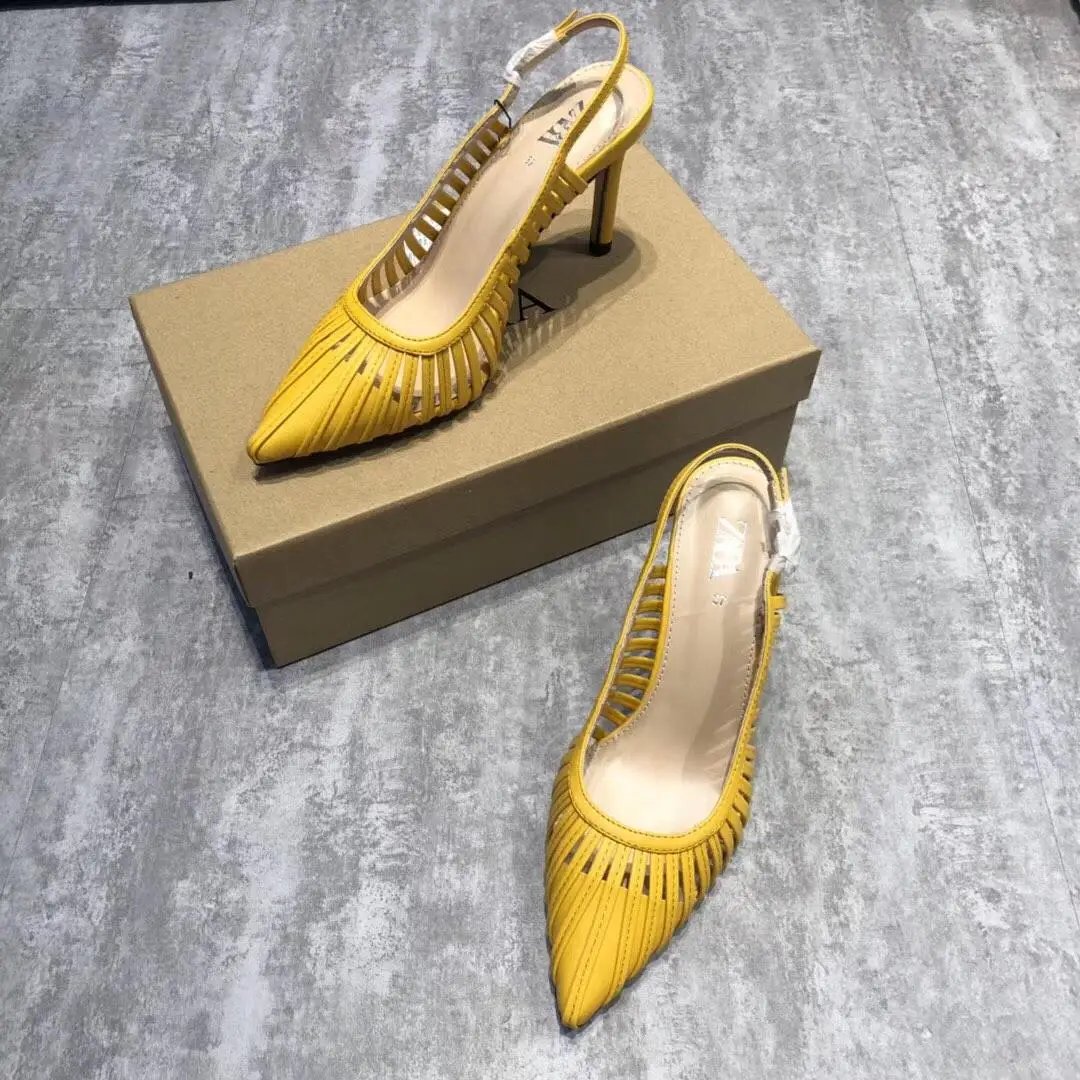 Yellow Туфли на тонком каблуке; Новинка года; летние женские босоножки с острым носком на высоком каблуке для свадебной вечеринки; удобные пикантные блестящие босоножки с пряжкой - Цвет: Yellow